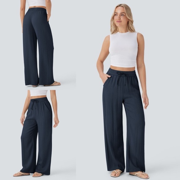 HALARA Pants - NWT Halara Highwaisted Drawstring Wide Leg Women's Navy Pants Sz L Tall